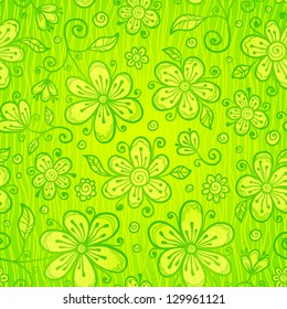 Green doodle flowers vector seamless pattern