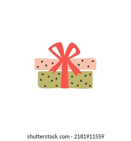 Green doodle gift box icon, colorful silhouette with bow ribbon isolated on white background. Wrapping paper pattern, kids drawing sketch style. Birthday present package Merry Christmas drawing