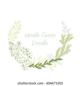 Green doodle hand drawn leaves and grass wreath vector, greeting, invitation or wedding card template. Greenery spring floral border.