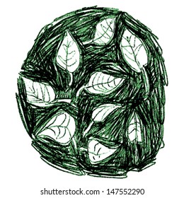 Green doodle leaf circle, textured leaves sketch style background.
