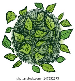 Green doodle leaf circle, textured green leaves sketch style background.