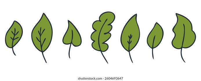Green doodle leaves flat style clipart collection. Hand drawn vector illustration isolated on white background.


