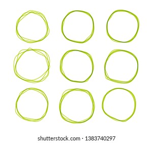 Green doodle sketched circles. Hand drawn scribble rings isolated set