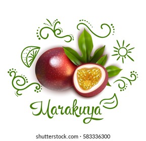Green doodles with flourishes and sun around 3d passion fruit with leaves on white background vector illustration