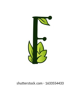 Green Doodling Eco Alphabet Letter F.Type with Leaves. Isolated Latin Uppercase. Typography Bold Spring Letter or Doodle abc Characters for Monogram Words and Logo.