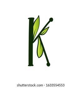 Green Doodling Eco Alphabet Letter K.Type with Leaves. Isolated Latin Uppercase. Typography Bold Spring Letter or Doodle abc Characters for Monogram Words and Logo.