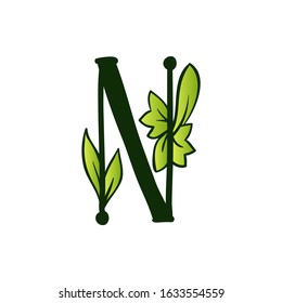 Green Doodling Eco Alphabet Letter N.Type with Leaves. Isolated Latin Uppercase. Typography Bold Spring Letter or Doodle abc Characters for Monogram Words and Logo.