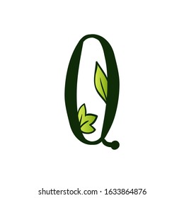 Green Doodling Eco Alphabet Letter Q.Type with Leaves. Isolated Latin Uppercase. Typography Bold Spring Letter or Doodle abc Characters for Monogram Words and Logo.