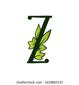 Green Doodling Eco Alphabet Letter Z.Type with Leaves. Isolated Latin Uppercase. Typography Bold Spring Letter or Doodle abc Characters for Monogram Words and Logo.
