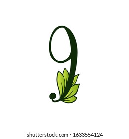 Green Doodling Eco Alphabet Nine Number.Type with Leaves. Isolated Latin Uppercase. Typography Bold Spring Letter or Doodle abc Characters for Monogram Words and Logo.
