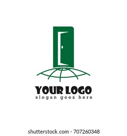 Green door with earth or globe design logo