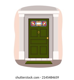 Green door to house with pillars and mosaic window vector illustration. Cartoon elegant entrance with doorstep, golden handle, rug and peephole isolated on white. Facade, construction concept