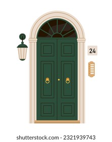 Puerta verde con concepto de vector de lámpara. Inmobiliaria y propiedad privada. Entrada a la casa o edificio. Arquitectura urbana. Ilustración plana de dibujos animados aislada sobre fondo blanco