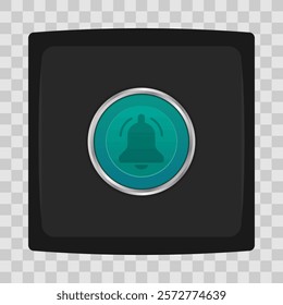 Green doorbell button with a bell symbol encased in a black square case with rounded corners. Vector illustration on checkered background