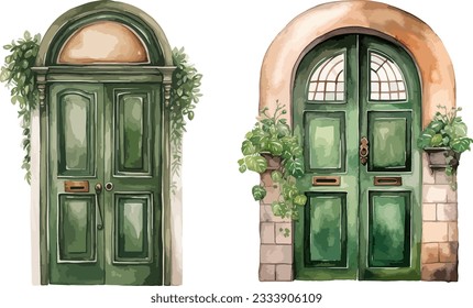 Green doors clipart, isolated vector illustration.