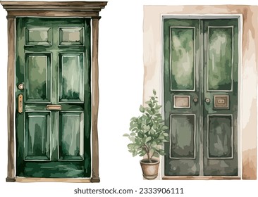 Puerta verde clipart, ilustración vectorial aislada.