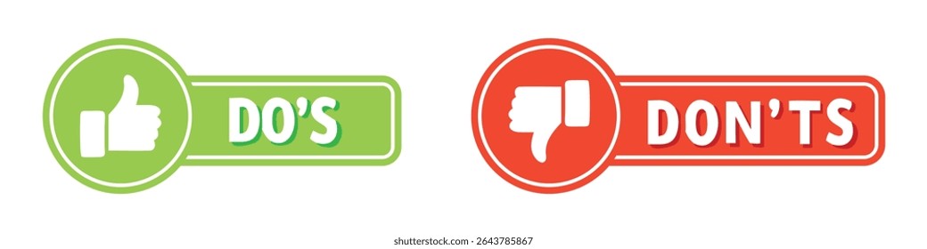 Botões Green Do's e red Don'ts com polegares para cima e polegares para baixo, simbolizando aprovação e desaprovação.
