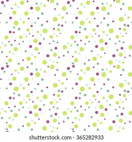 Green dot confetti vector seamless pattern. Chaotic polka dot background.
