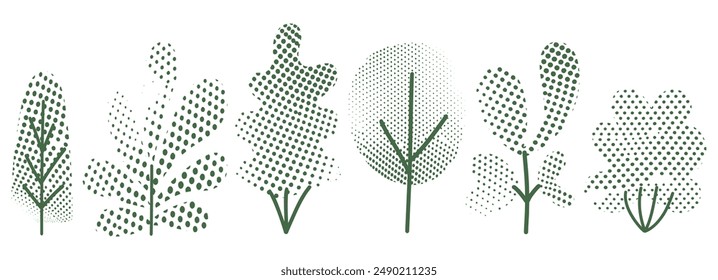 Green dot design leaves flower palm in modern vector art collage. Halftone element, floral pattern. Organic summer decoration. Half tone minimal shrubbery, grass silhouette, garden illustration