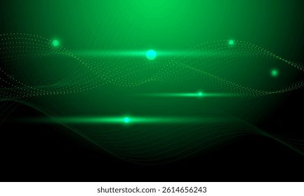 green dot lines wave curve electronic cyberspace with blink neon shiny light abstract high technology background
