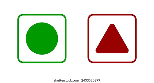 Green dot and red triangle in squares isolated on white background. Vegetarian and non-vegetarian icons. Vegan food stickers. Vector flat illustration.