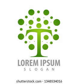 Green dot in T letter concept design. Symbol graphic template element 