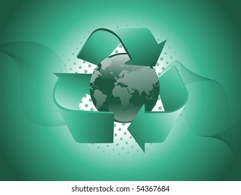 punteado verde, fondo de onda con flechas de reciclaje, globo