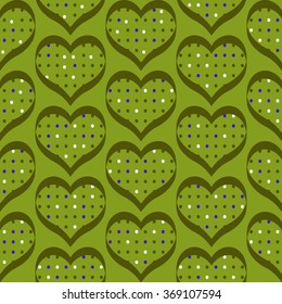 Green dotted hearts. Seamless pattern. Scrapbooking series. Vector background.