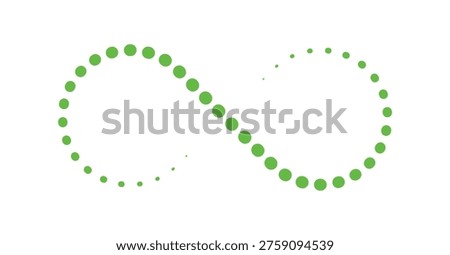 Green dotted infinity symbol representing sustainable growth and continuous circular process. Circular economy loops elements vector design.