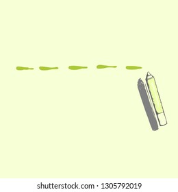 Green dotted line drawing marker to the right on the fluorescent background, black line art with shadow, 3d effect hand drawn