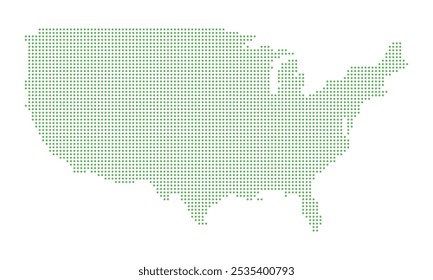 Green dotted map of the USA. Abstract design featuring small green dots forming the shape of the United States. Ideal for infographics, presentations, and geographic visuals.