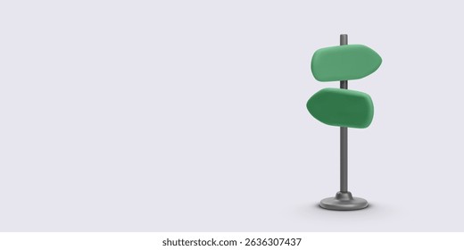 Green Double Direction Signpost With Arrow And Rounded Plates On Metal Pole, Minimalist 3D Style On Light Background. Symbol For Navigation, Travel, Or Destination Choice. Vector Illustration.
