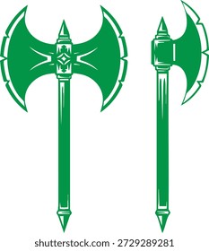 Green double headed axe with handle and spikes on white background