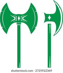 Green double headed axe and single headed battle axe isolated on transparent background