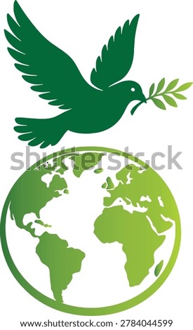 Green dove of peace holding an olive branch flying above the planet earth, environmental concept illustration for global peace and sustainability