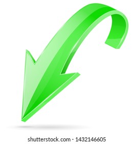 Green down arrow. 3d shiny web icon. Vector illustration on white background