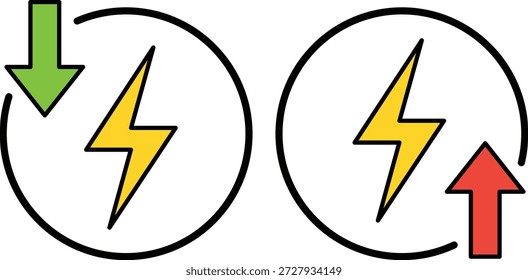 Green down arrow and red up arrow with yellow lightning bolt green arrow red arrow