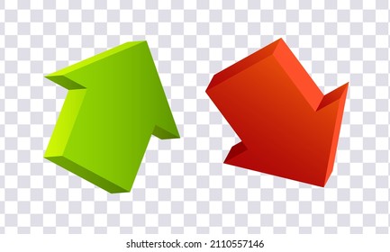 Green up and down arrows. Vector red and green 3d arrow set isolated on white background.