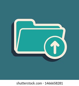 Green Download arrow with folder icon isolated on blue background. Long shadow style. Vector Illustration