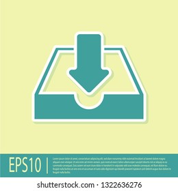 Green Download inbox icon isolated on yellow background. Flat design. Vector Illustration