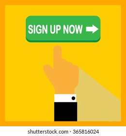 Green download now button with pointing hand on yellow background. Flat illustration. Sign up icon.
