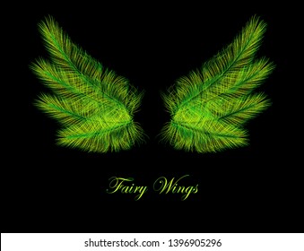 Green Downy Elfish Wings - Fairytale Faerie Wings - Concept Vector Element on Black
