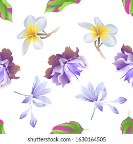 Green Dracaena. Violet Clematis. White Plumeria. Violet Agapanthus Lily. Vector illustration. Seamless background pattern. Floral botanical flower. Wild leaf wildflower isolated. Exotic tropical.