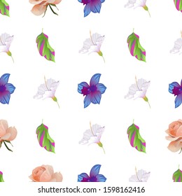 Green Dracaena. White Hibiscus. Pink Rose. Vector illustration. Seamless background pattern. Floral botanical flower. Wild leaf wildflower isolated. Exotic tropical hawaiian jungle. Fabric wallpaper.
