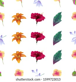 Green Dracaena. Yellow Hibiscus. Violet Agapanthus Lily. Orange Daylily. Red Hibiscus. Vector illustration. Seamless background pattern. Floral botanical flower. Wild leaf wildflower isolated.