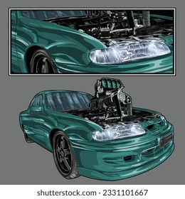 green drag race illustration isolated in black background for poster, t-shirt, graphic design, business element and card