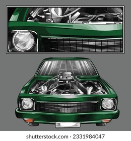 green drag race illustration isolated in black background for poster, t-shirt, graphic design, business element and card