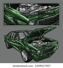 green drag race illustration isolated in black background for poster, t-shirt, graphic design, business element and card