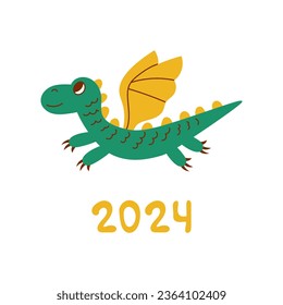 Green Dragon 2024 Chinese New Year. Vector illustration of cute flying dragon. Flat design.