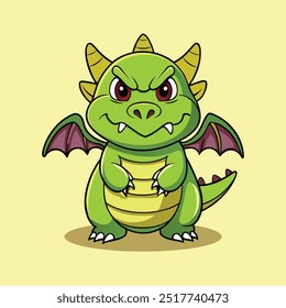 Green Dragon with an Angry Face Cartoon Vector Icon Illustration.
